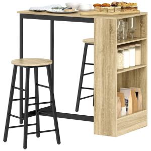 Barbord Med Barstolsset, 3 St. Barbordsset Med Köksbord, Förvaringsutrymme, 2 Pallar, Fotstöd, Modern Stil, Utrymmesbesparande Matsalsset För Matsal, Kök, Stål, Ek